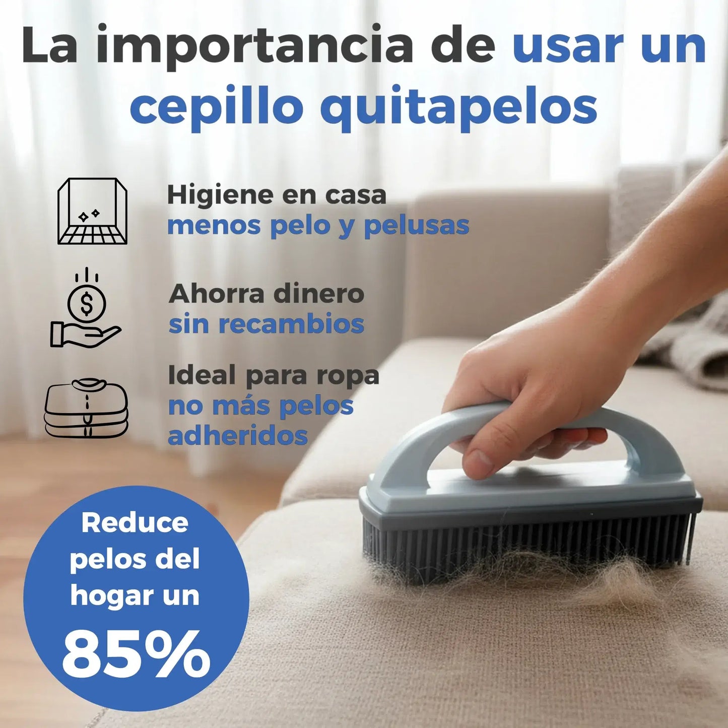 Cepillo quitapelos sobre sofá, reduce hasta un 85% los pelos del hogar