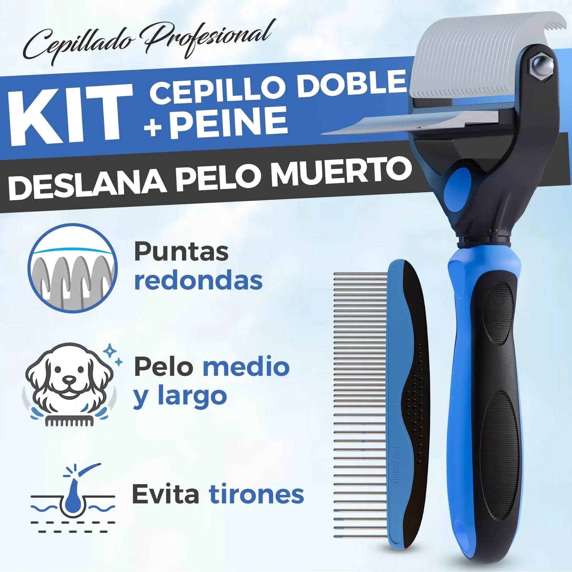 Cepillo deslanador doble cara con peine que retira el pelo muerto sin tirones