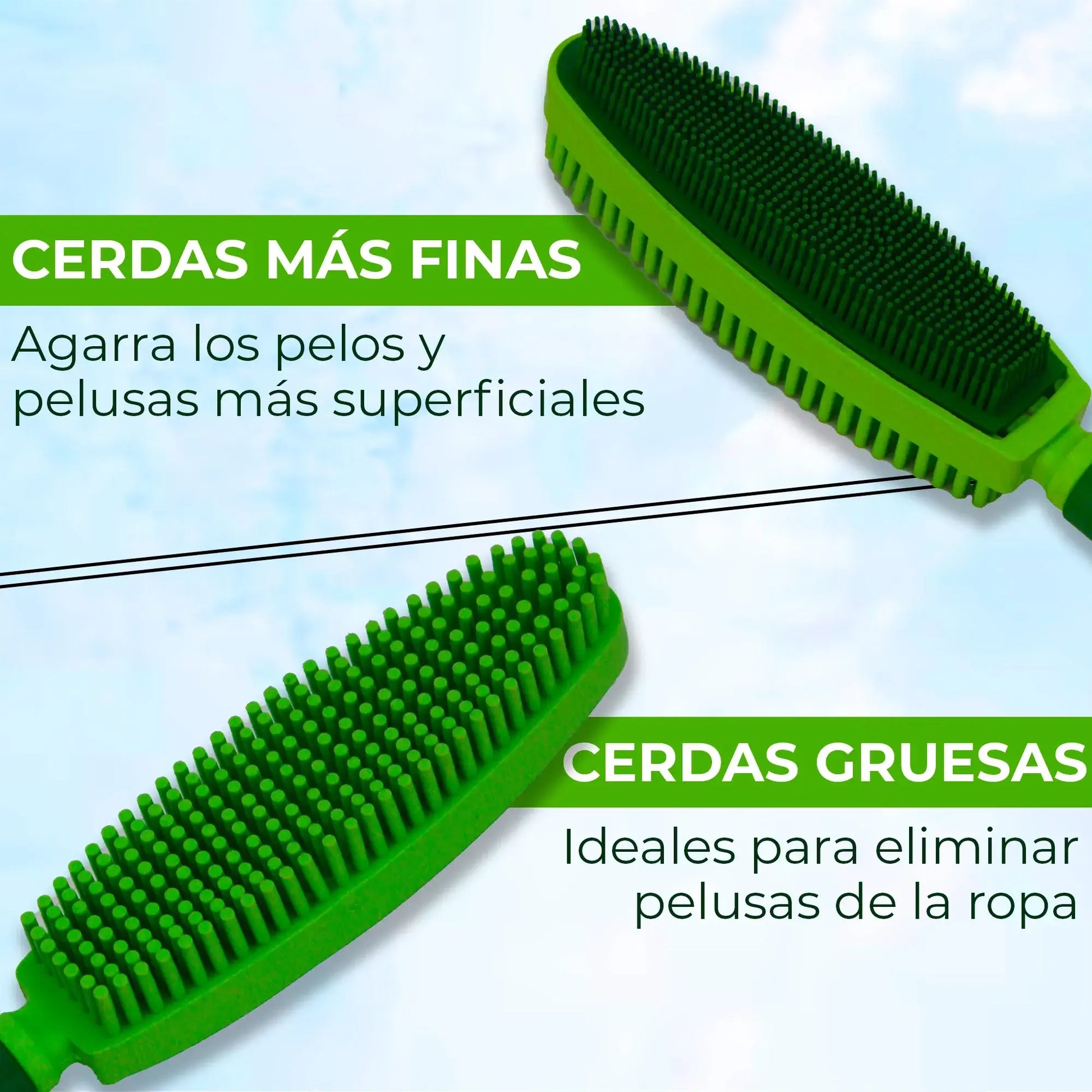 Detalle de las dos caras del cepillo: cerdas finas para superficies y cerdas gruesas para ropa