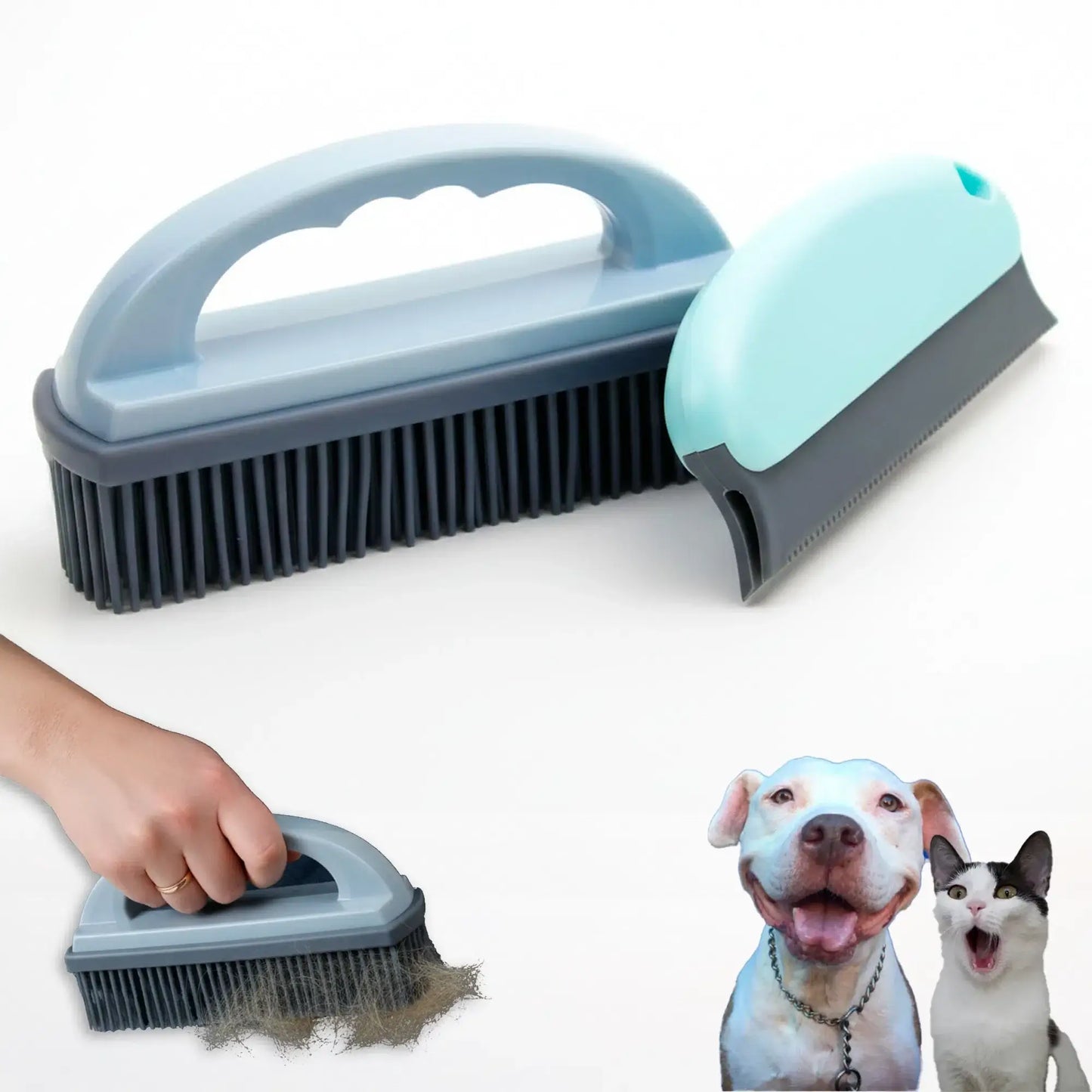 Kit cepillo quitapelos 2 en 1 grande y compacto para perros y gatos sobre fondo blanco