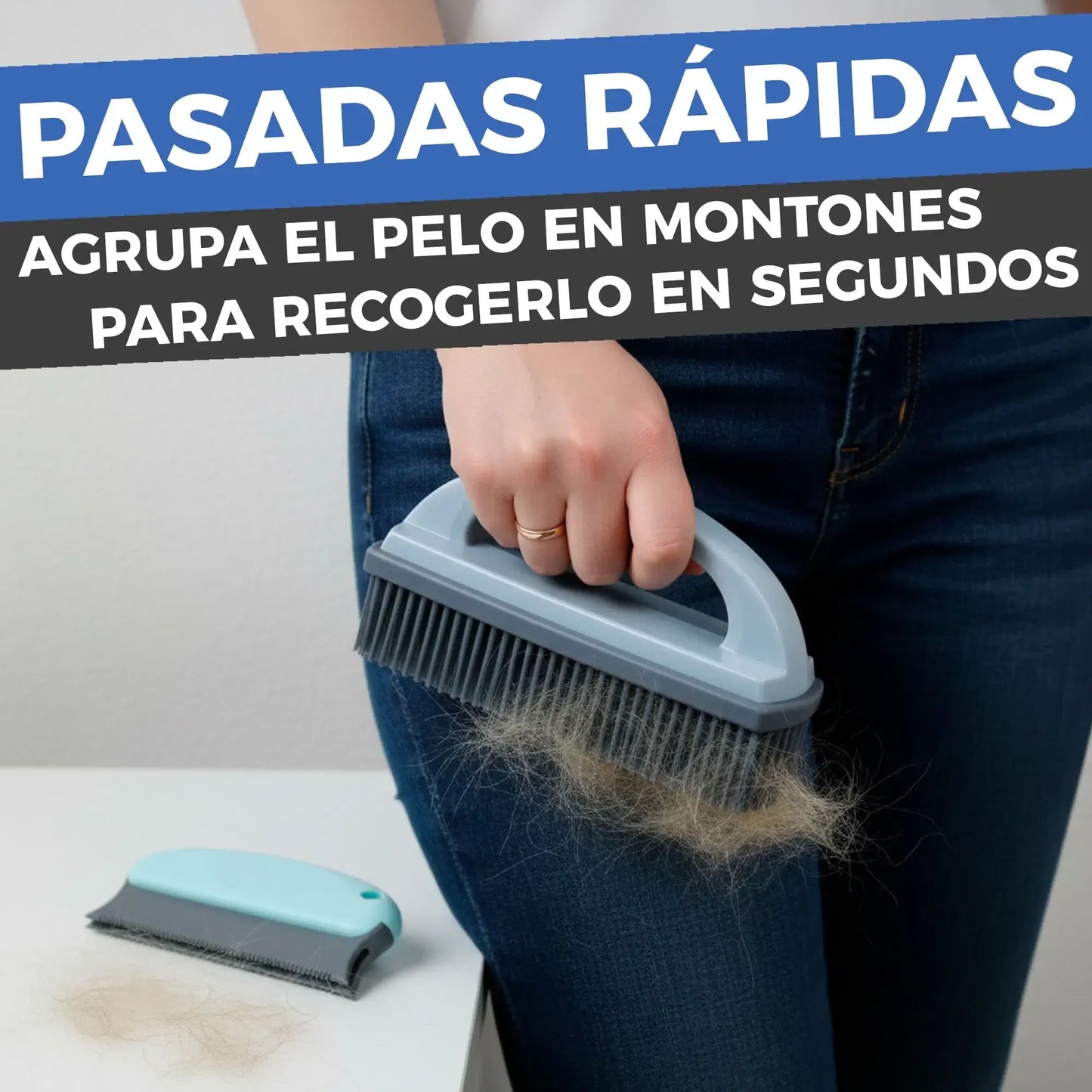 Cepillo quitapelos compacto retirando pelos de mascota de un jersey negro