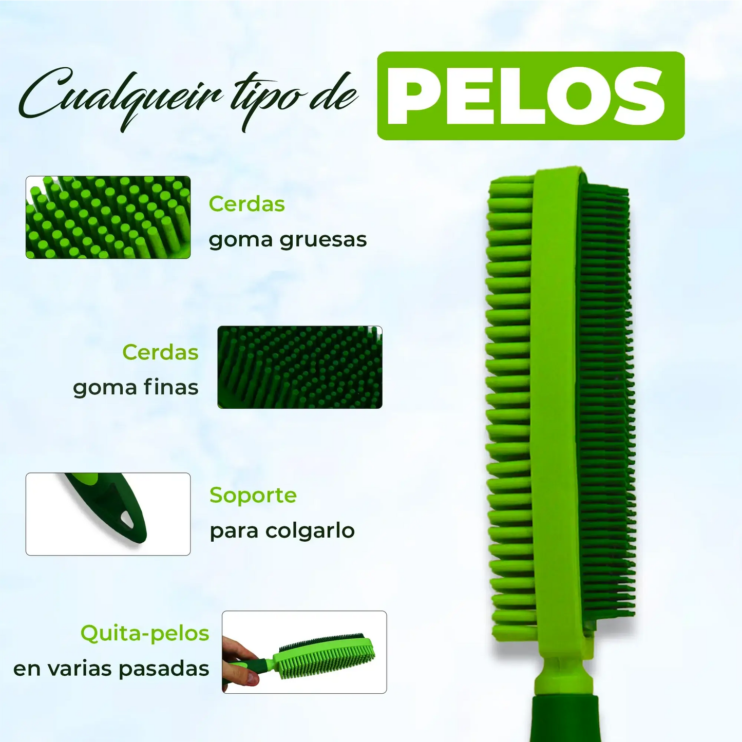 Cepillo quitapelos para cualquier tipo de pelo con cerdas gruesas, finas y soporte para colgar