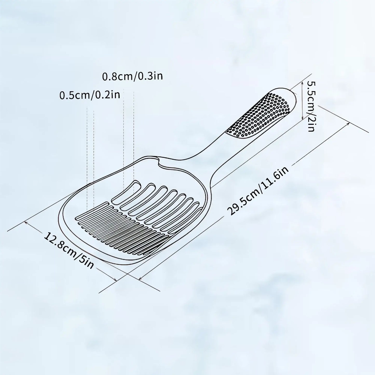 Plano con medidas de la pala arenero: 29,5 cm de largo, 12,8 cm de ancho, ranuras de 0,5 y 0,8 cm