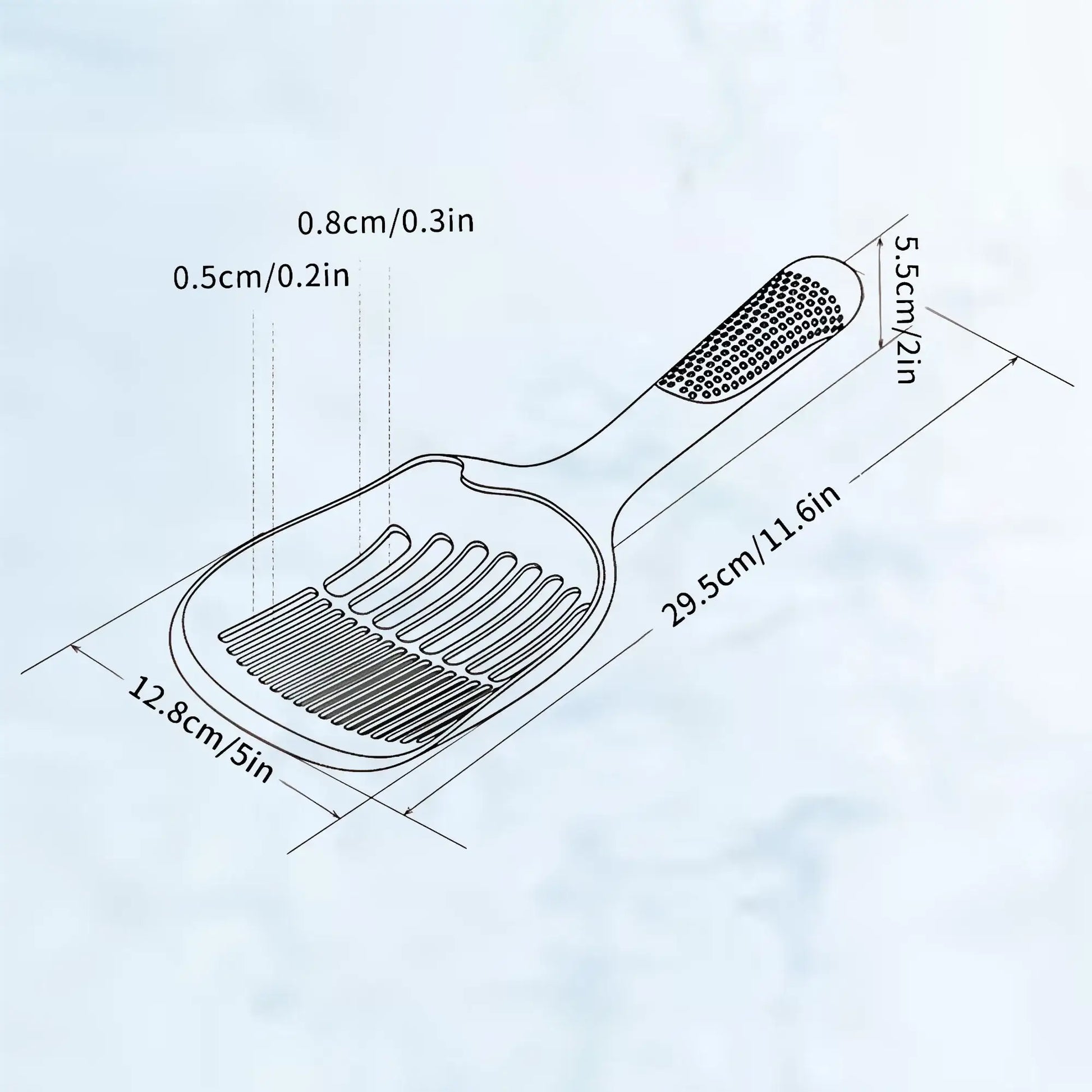 Plano con medidas de la pala arenero: 29,5 cm de largo, 12,8 cm de ancho, ranuras de 0,5 y 0,8 cm