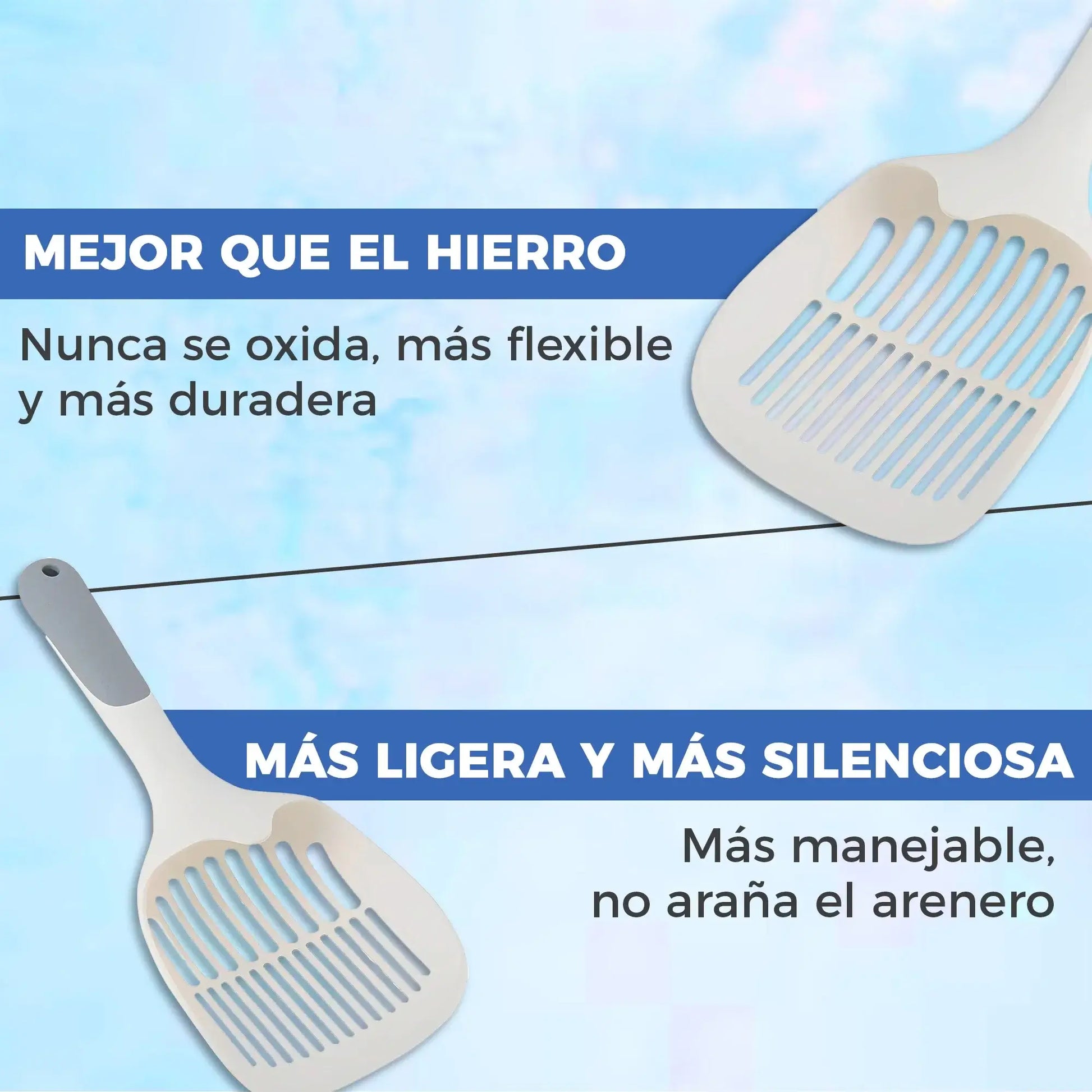 Comparativa: pala de plástico reforzado más ligera y silenciosa que las de hierro, no se oxida ni araña el arenero