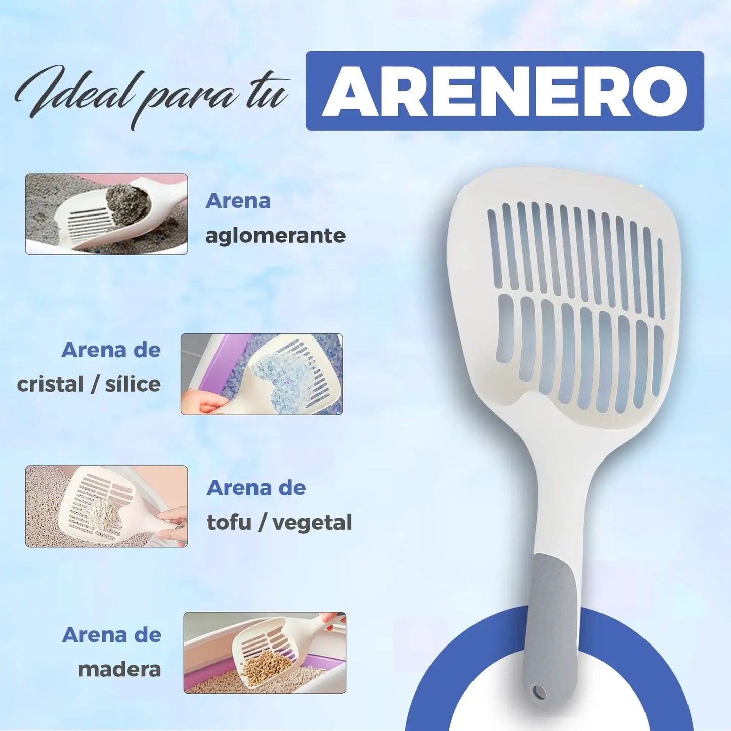Pala arenero compatible con arena aglomerante, sílice, tofu vegetal y madera