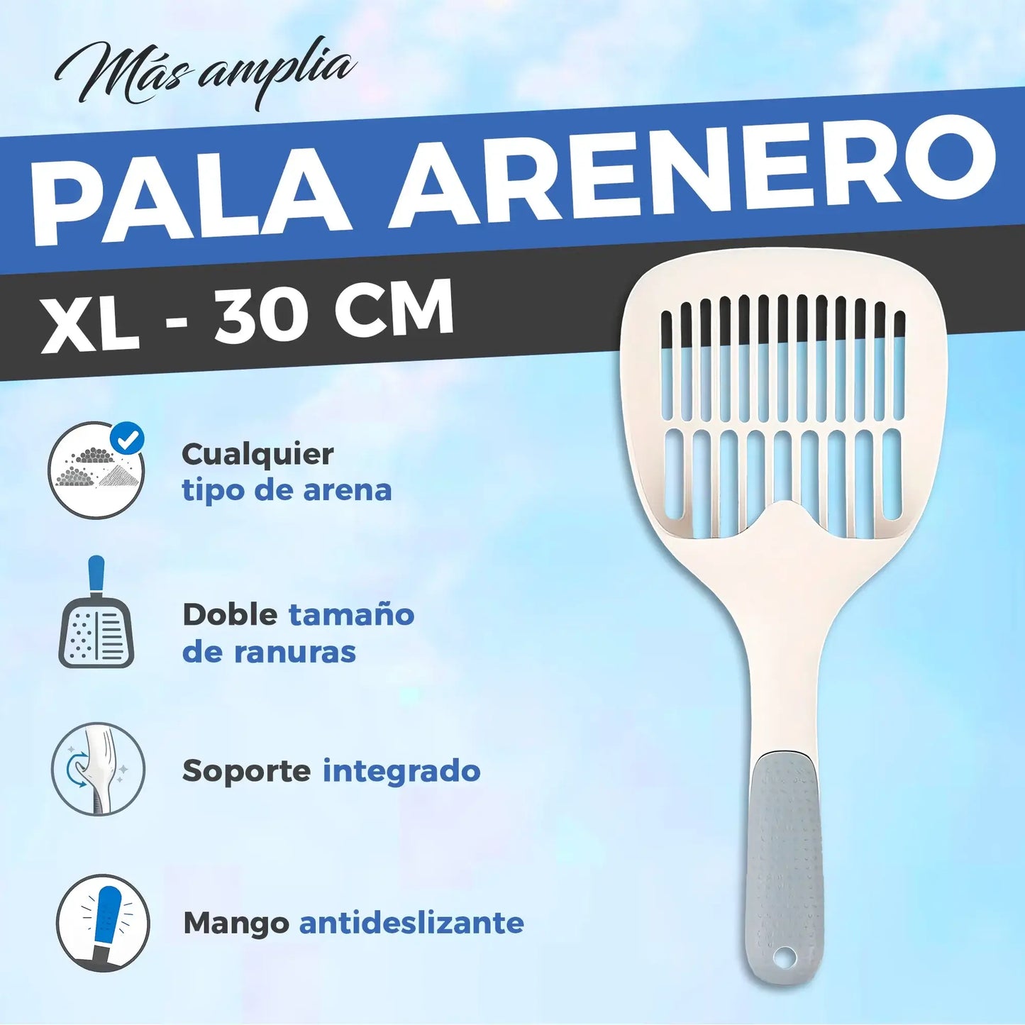 Pala arenero XL 30 cm con doble ranura, soporte integrado y mango antideslizante