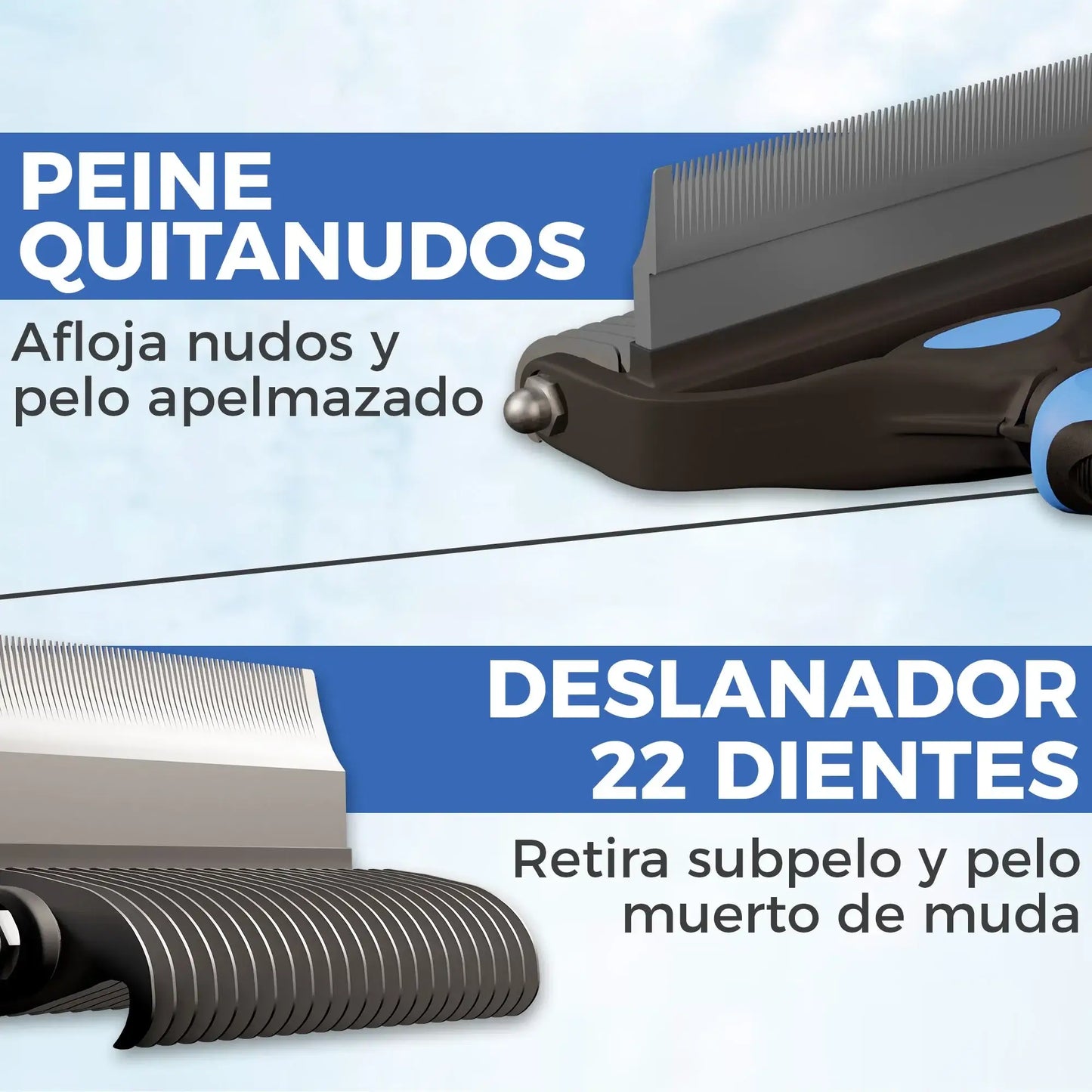 Detalle de las dos caras: peine quitanudos y deslanador con 22 dientes de acero
